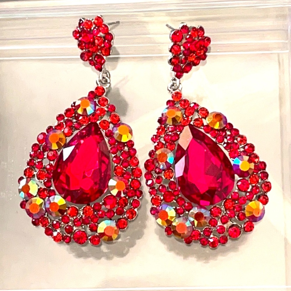Red  AB Chunkys Teardrop Shape Chandelier Earrings